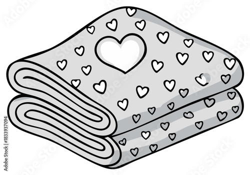 Graphic illustration of stacked folded grey blankets or towels with heart pattern and large central love symbol