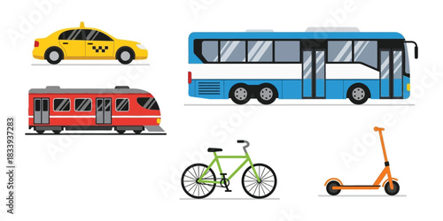 Collection of diverse public and private transportation vehicles for urban and intercity travel, including a taxi, bus, train, bicycle, and scooter