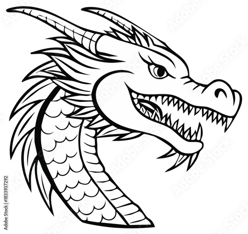 Stylized illustration of a fierce dragon head with sharp teeth and flowing mane