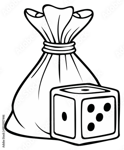 Black and white cartoon drawing of a cloth drawstring bag with a game die for chance and luck