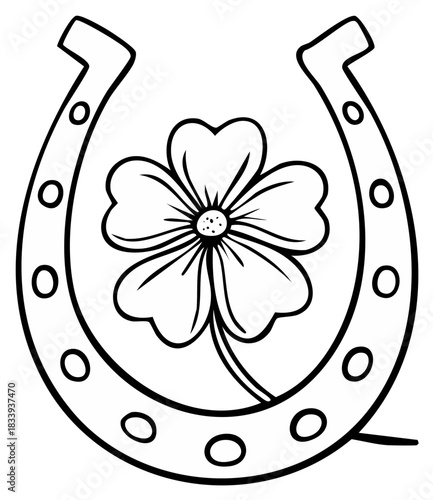 Lucky Clover and Horseshoe Line Art Symbol for Good Fortune and St Patrick's Day Celebration