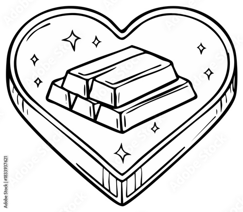 Hand drawn illustration of sparkling gold bars stacked inside a heart symbol