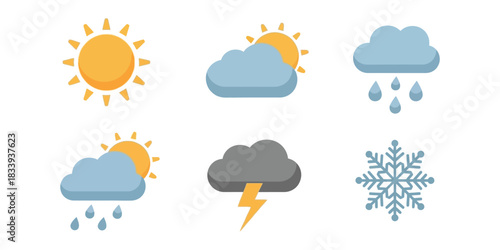 Weather Forecast Icons Sun, Clouds, Rain, Thunderstorm, and Snow - Weather Elements Set