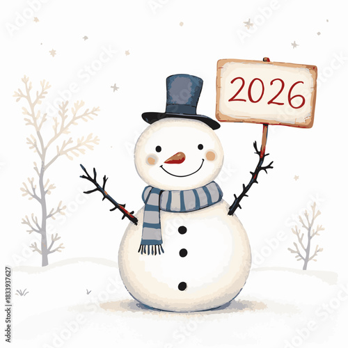 Ai futuristic office workspace with remote job screens illustration of cute watercolor illustration of a happy snowman holding a sign with the year 2026, celebrating the new year in a snowy winter lan
