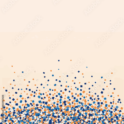 Ai futuristic office workspace with remote job screens illustration of abstract background with blue and orange confetti squares scattered upwards against a light beige gradient, perfect for celebrati