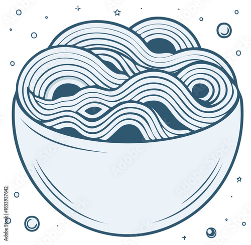 Minimalist line art illustration of delicious wavy noodles in a simple serving bowl graphic