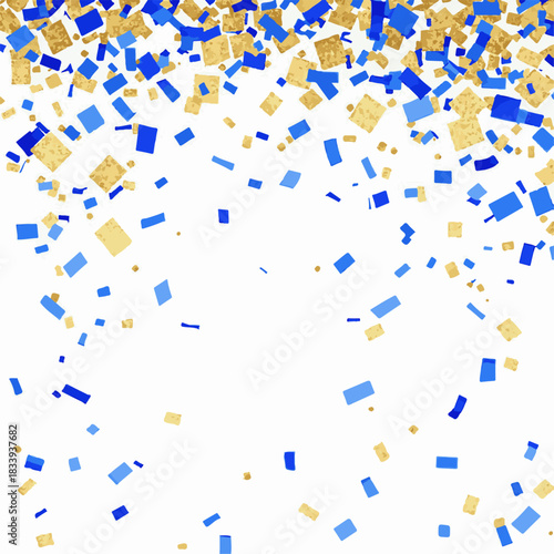 Ai futuristic office workspace with remote job screens illustration of falling blue and gold glitter confetti rectangles isolated on white background, perfect for celebration, party, or festive event 