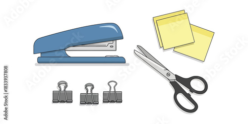 A blue stapler, scissors, binder clips, and sticky notes are arranged on a white background, symbolizing office supplies