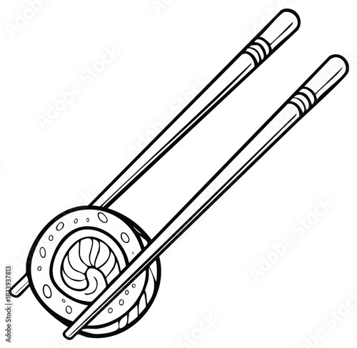 Black and white line art of a single sushi maki roll held by chopsticks