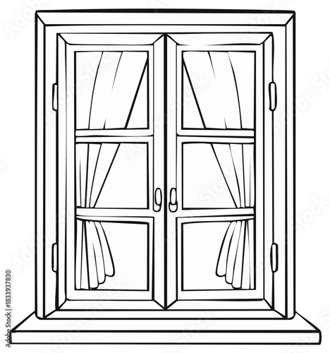 Open window with curtains drawing artistic frame and sill for interior design