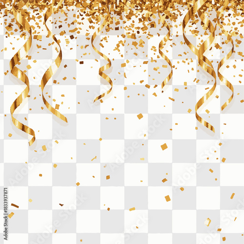 Ai futuristic office workspace with remote job screens illustration of golden confetti and shiny ribbon streamers falling down for celebration event background design with transparent area for copy sp