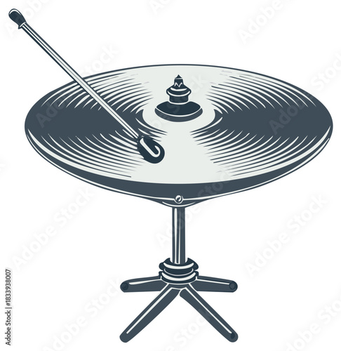 Close-up of a metal cymbal on a stand with a drumstick poised to strike, vintage illustration style