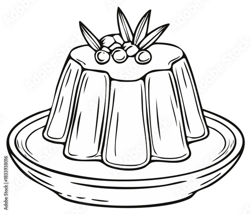 Line art illustration of a jelly pudding with berries on a plate for a coloring book page