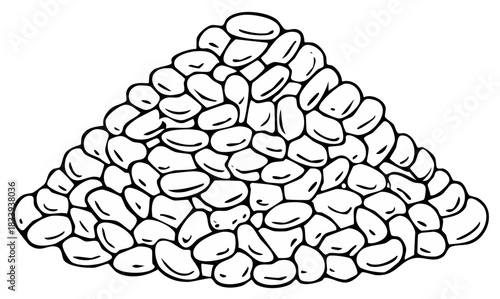 Pile of smooth river stones in a triangular formation, black and white illustration