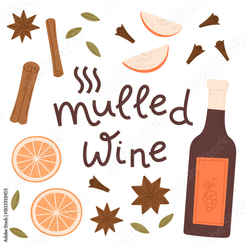 Mulled wine ingredients. Cute vector set in flat style on white background. Cartoon illustrations of spices for winter hot drink. Design elements for Christmas greeting card