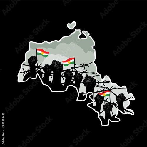 Hands Up Silhouette in Kurdistan Map with Flag Perfect for Print, Apparel, Sticker, etc