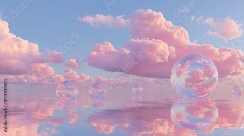Dreamy pink clouds with floating bubbles fantasy scene