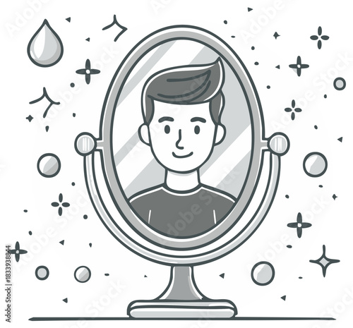 Young man smiling at his reflection in a mirror for self esteem and personal grooming concept