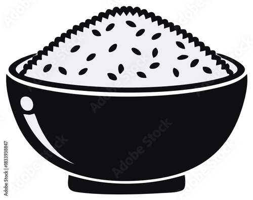 Simple illustration of a black bowl filled with white rice and dark seeds