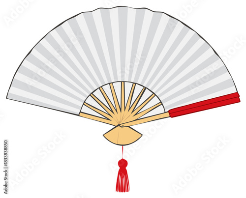Elegant striped Asian folding hand fan with a red tassel vector illustration