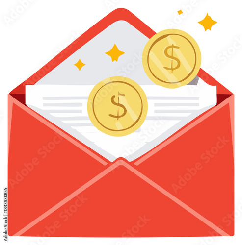 Red Envelope Containing Paper Money and Gold Coins with Dollar Signs and Stars