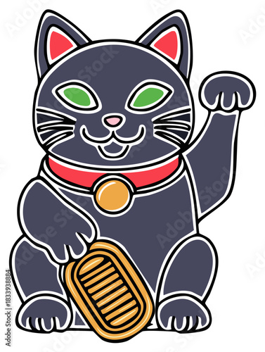 Black Japanese lucky cat Maneki Neko illustration with a raised paw for good fortune