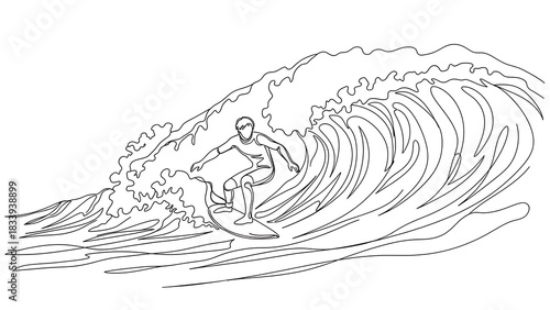 Fototapeta Naklejka Na Ścianę i Meble -  Surfer riding a massive detailed wave in a line art drawing
