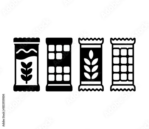 Set of four different stylized cereal bar packaging icons, symbolizing healthy snacks and breakfast on a clean background. vector art illustration.