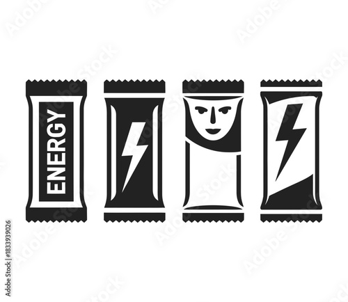 Four diverse energy bar wrappers illustrated with bold graphic designs and lightning bolt symbols, isolated on white.