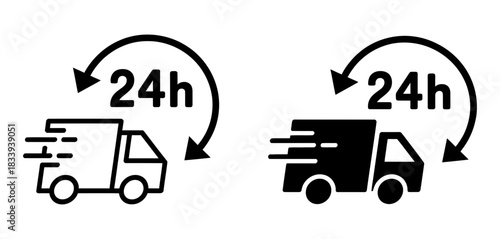 24 hour delivery truck icon with circular arrow indicating speed and swiftness for logistics and shipping services, representing fast logistics. count: 140