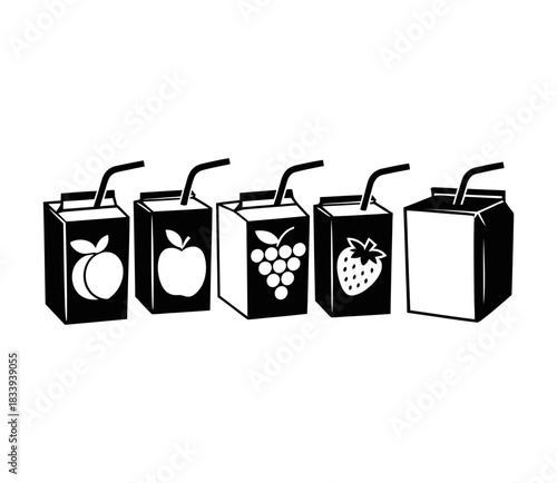 Row of five isolated juice boxes with various fruit icons: peach, apple, grapes, strawberry, and a plain white box with a straw, vector illustration.