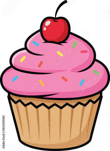 Indulge in the sweet delight of a pink frosted cupcake topped with a bright red cherry treat