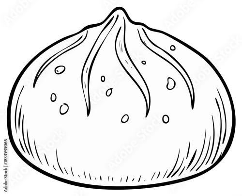 Hand drawn outline illustration of a traditional Asian pleated steamed dumpling baozi
