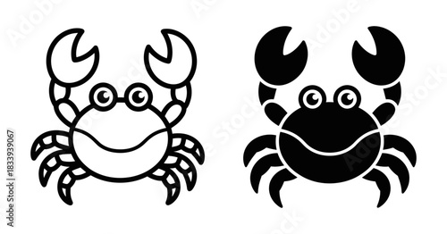 Cartoon crab illustration outline and filled silhouette, isolated on white background, vector graphic. a cute crustacean with claws raised, suitable for children's themes and ocean life.