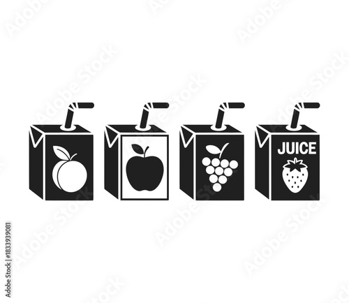 Four black and white juice boxes with fruit icons and straws, isolated on white background, representing variety of flavors