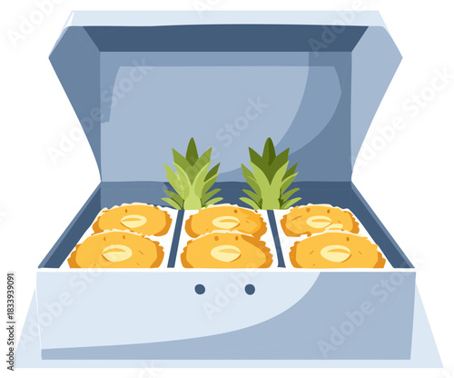 Fresh sliced pineapple rings and tops arranged in an open container for a tropical food gift vector illustration