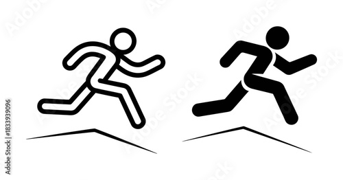 Two simple running icon graphic representations, one outline and one solid silhouette, depicting motion and speed for sports or activity concepts.