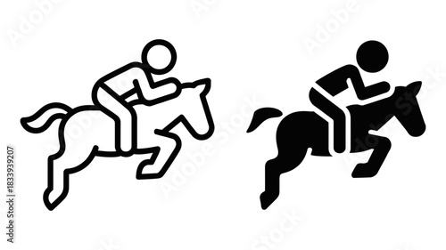 Equestrian sport icon showing a rider on a horse in silhouette and line art style, depicting jumping and racing activities.