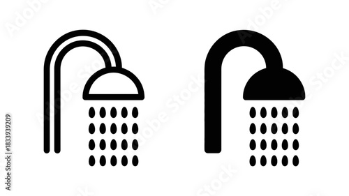 Shower icon and symbol representing water flow and hygiene for bathroom and cleaning concepts on isolated white background.
