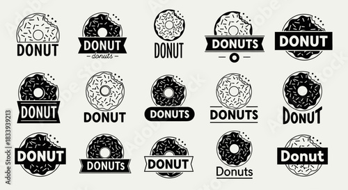 Collection of black and white donut logos ideal for branding a pastry shop or bakery