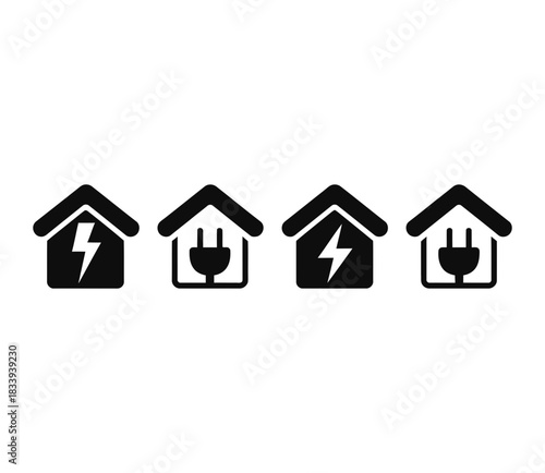 Four identical house icons with electrical symbols, representing energy and residential power concepts, isolated on a white background.