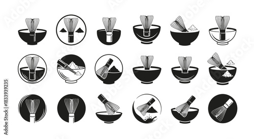Collection of black and white illustrations of traditional matcha whisk and bowl for tea ceremony