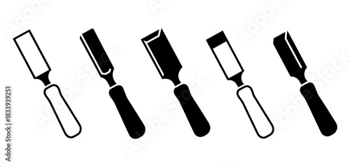Collection of five chisels in varying styles, including outline and solid silhouettes, isolated on a clean white background for graphic design.