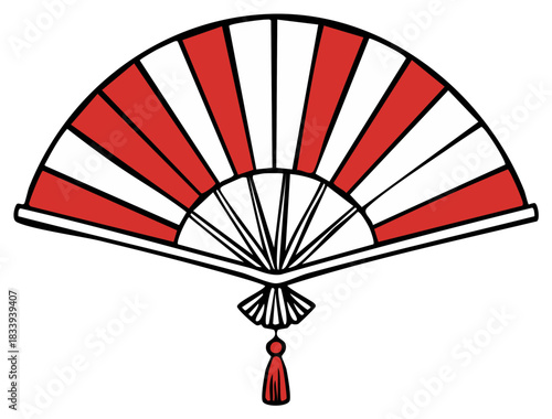 Traditional red and white striped handheld fan with tassel accessory