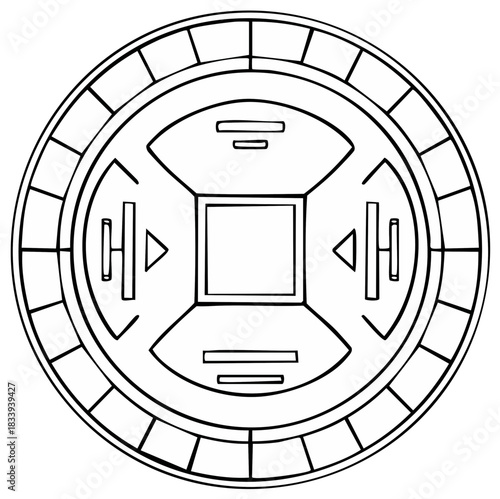 Ancient Asian coin with trigram symbols black and white line art illustration