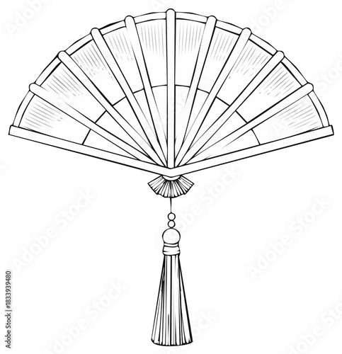 Elegant traditional folding fan with decorative tassel detailed outline illustration