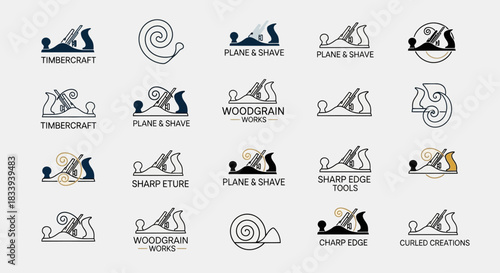 Collection of creative woodworking and carpentry logo designs with plane tools