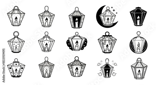 Collection of Decorative Lanterns with Candles in Black and White Line Art Style