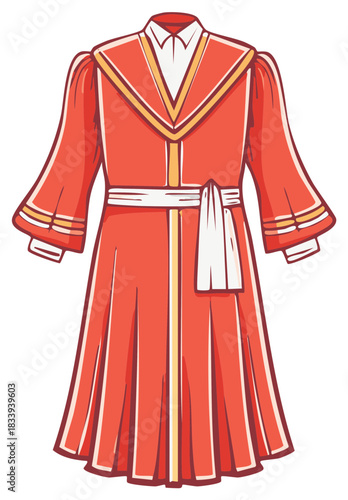 Formal red academic gown with white collar and sash for graduation ceremonies