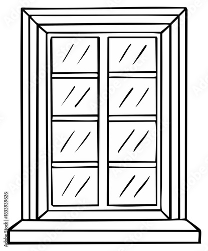 Minimalist black and white line art illustration of a classic window frame with multiple glass panes and a distinct sill